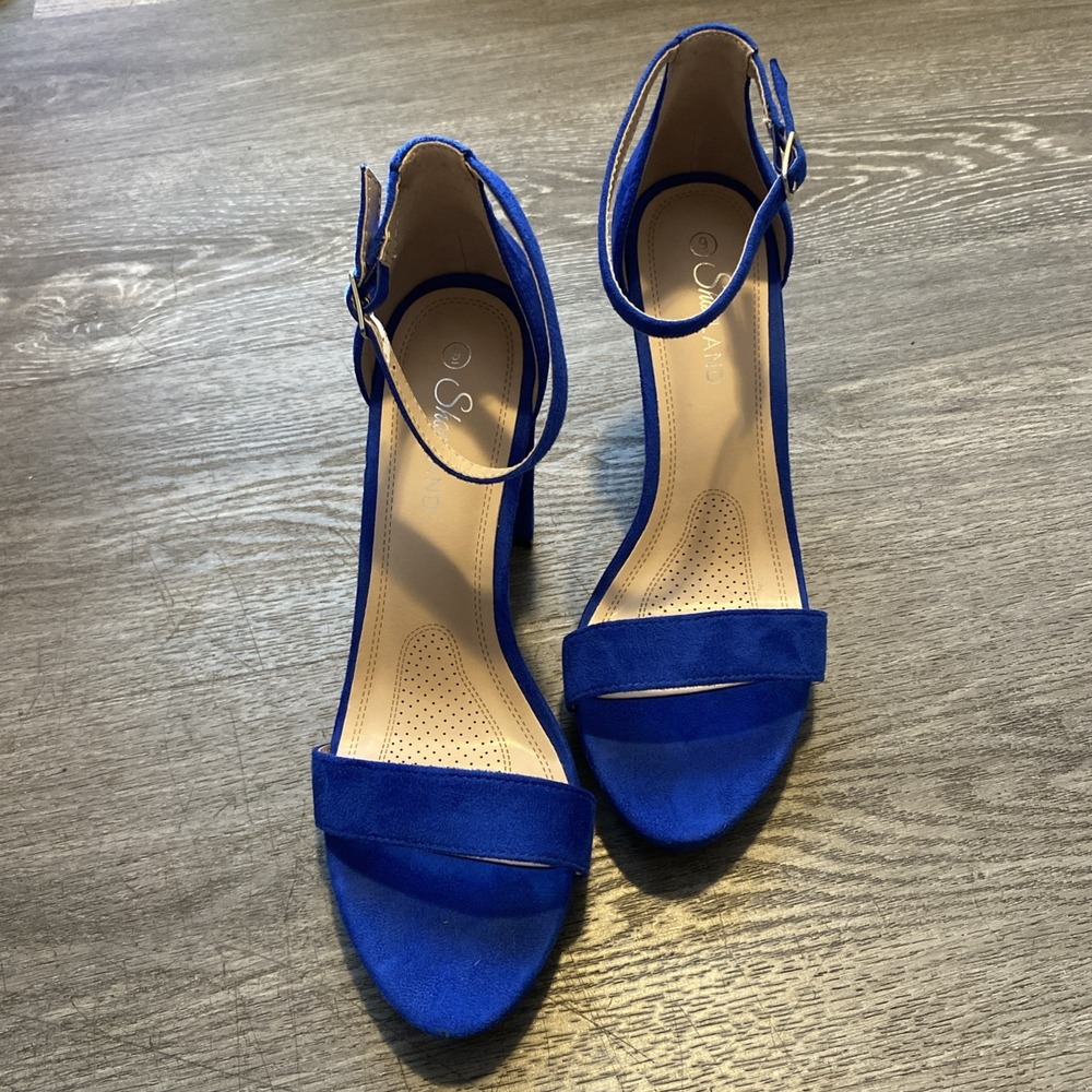 SHOELAND COBALT  BLUE SUEDE LIKE‎ ANKLE STRAP OPEN TOE HEELS CHUNKY BLOCK HEEL 9